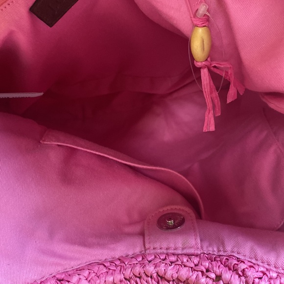 J Crew Pink Straw Hobo Bag Tote Double Bamboo Handles Large New - Picture 5 of 7